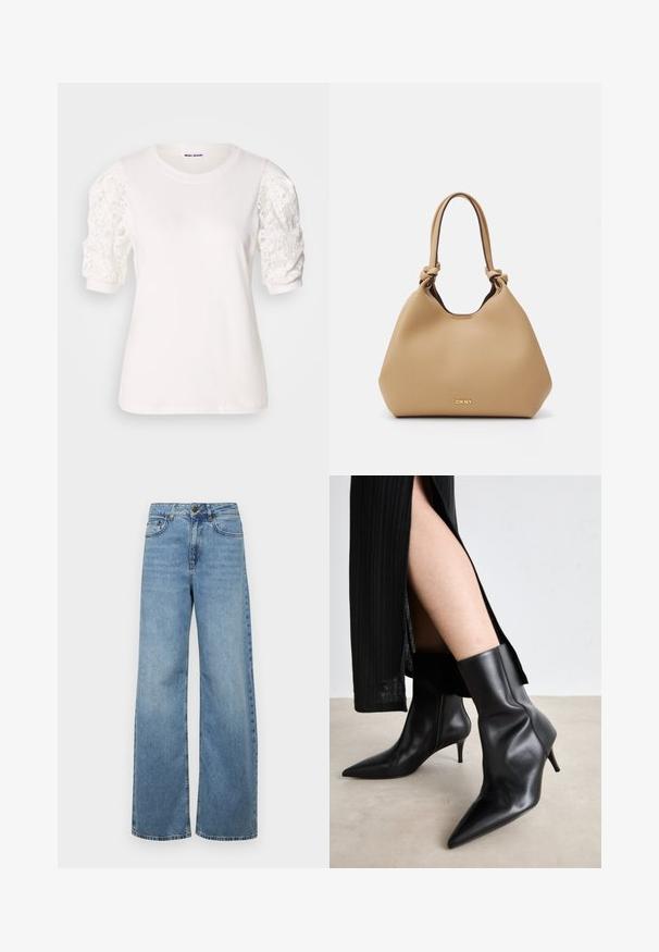 Λευκό μπλουζάκι με κοντά, φουσκωτά μανίκια από δαντέλα. Στρογγυλή λαιμόκοψη, μαλακή υφή και ελαφρώς χαλαρή εφαρμογή. Ετικέτα μάρκας ορατή στο εσωτερικό.; Ανοιχτό μπλε φαρδιές τζιν παντελόνες από denim, με ψηλή μέση, μπροστινές τσέπες, και κλασικό σχέδιο πέντε τσεπών, με διακριτική φθορά.; Μαύρα δερμάτινα μποτάκια μέχρι τον αστράγαλο με μυτερή μύτη και λεπτό τακούνι, με λείο υλικό και εφαρμοστή σχεδίαση στον αστράγαλο, συνδυασμένα με μια ριγέ μαύρη φούστα.; Τσάντα χρωματισμού καφέ από δέρμα με μαλακή, στρογγυλή μορφή. Διαθέτει πλεγμένα λουριά και διακριτική ραφή. Χρυσό λογότυπο στη βάση. Λείος υφής.