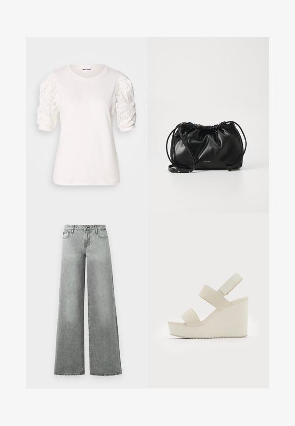Valkoinen T-paita, jossa on lyhyet, puffimaiset hihat pitsistä. Pyöreä pääntie, pehmeä rakenne ja hieman väljä istuvuus. Brändilogo näkyvissä sisällä.; Harmaat leveät farkut, jotka on valmistettu denimistä. Niissä on viisi taskua, korkea vyötärö ja hieman haalistunut pinta näkyvillä ompeluilla.; Beige sandaalit, joissa on kaksi leveää hihnaa ja kapeneva korko. Valmistettu sileästä kankaasta, jossa on teksturoitu pohja. Logo on kohokuvioitu korossa.; Musta nahkainen käsilaukku, jossa on kerroksellinen muotoilu, kaksinkertainen nauhakiinnitys ja irrotettava olkahihna. Sisältää metallisen logo-yksityiskohdan.