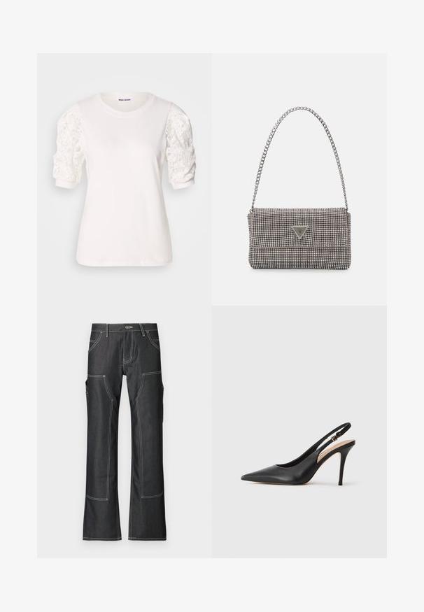 Valge lühikeste puffse varrukatega t-särk, mis on valmistatud pitsist. Ümar kaelus, pehme tekstuur ja kergelt laiem lõige. Brändi silt nähtav seest.; Tumed denim cargo püksid valgete kontrastõmblustega, mitmete taskutega ja laieneva sääre kujundusega. Karm kude ja metallist nööp kinnitamiseks.; Mustaga nahast slingback kõrge kontsaga jalanõud terava toe ja sileda tekstuuriga, delikaatse rihmaga, mis on varustatud metallist säärekohaga.; Helehall metallik handbags, millel on kett, kaunistatud väikeste ümmarguste metallist õmblustega ja kolmnurkse brändi logoga.