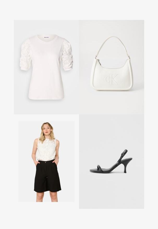 Bela majica s kratkimi, nabranimi rokavi iz čipke. Okrogli izrez, mehak občutek in nekoliko ohlapen kroj. Oznaka blagovne znamke vidna znotraj.; Bela čipkasta brezrokavna majica z ovratnikom na gumb, v kombinaciji z visokim črnim šortsem z stranskimi žepi in ohlapnim krojem.; Črne usnjene visoke sandale s tankim, ukrivljenim petam in obliko križanih trakov. Nastavljiv trak okoli gležnja. Gladka tekstura.; Bela usnjena torbica s ukrivljeno obliko, ki na sprednji strani nosi vžgano logo "CK" in ima eno naramnico. Zadrga za zapiranje na vrhu.
