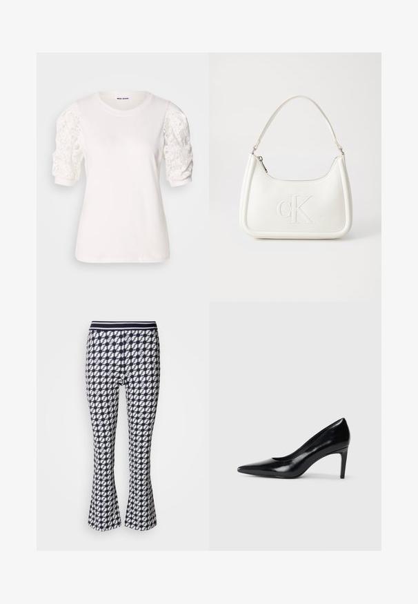 Weißes T-Shirt mit kurzen, puffartigen Ärmeln aus Spitze. Rundhalsausschnitt, weiche Textur und eine leicht lockere Passform. Markenetikett innen sichtbar.; Schwarz-weiße, geometrische Leggings mit Schlag. Sie haben eine enganliegende Silhouette und einen elastischen Bund.; Schwarzer Lederhochschuh mit spitzem Zehenbereich, glatter Textur und schmalem Absatz. Minimalistisches Design, keine zusätzlichen Verzierungen.; Weiße Lederhandtasche mit abgerundeter Form, ausgestattet mit einem geprägten "CK"-Logo auf der Vorderseite und einem Einzel-Schultergurt. Reißverschluss oben.