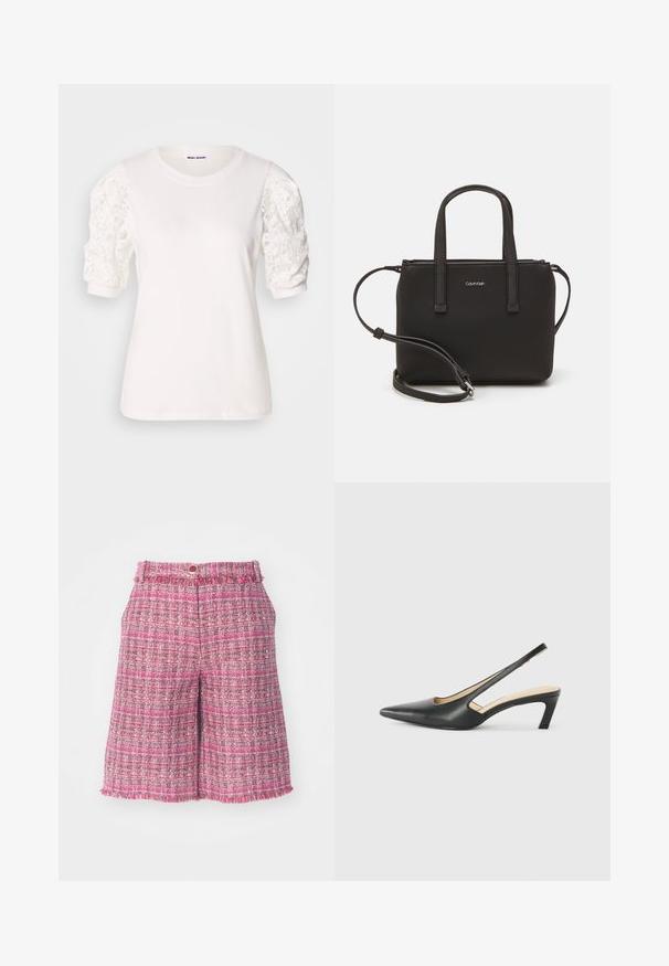 Weißes T-Shirt mit kurzen, puffartigen Ärmeln aus Spitze. Rundhalsausschnitt, weiche Textur und eine leicht lockere Passform. Markenetikett innen sichtbar.; Rosa Tweed-Shorts mit einem strukturierten Muster und fransigem Saum. Verfügt über einen Bund mit Knopfverschluss. Leichter Stoff, in mittlerer Oberschenkel-Länge.; Schwarzer spitz zulaufender Slingback-Schuh mit niedrigem Absatz, der aus glattem Leder gefertigt ist und seitliche Ausschnitte für Atmungsaktivität aufweist.; Schwarze Handtasche mit zwei kurzen, doppelt geflochtenen Griffen und einem abnehmbaren Schulterriemen. Glattes, lederähnliches Material mit einem Reißverschluss und Logodetail.