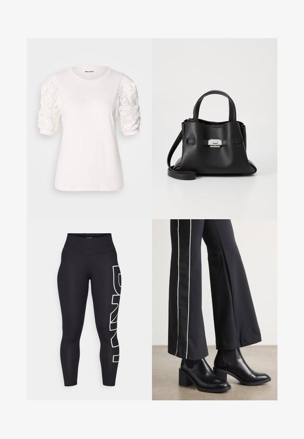 T-shirt blanc avec des manches courtes et bouffantes en dentelle. Encolure ronde, texture douce et coupe légèrement ample. Étiquette de marque visible à l'intérieur.; Leggings noires en tissu extensible avec une taille haute. Présente un grand logo blanc imprimé verticalement sur la jambe gauche. Texture lisse.; Bottines en cuir Noir avec un talon bloc, dotées de panneaux élastiques sur les côtés. Associées à un pantalon noir avec une rayure blanche sur le côté.; Sac à main en cuir noir avec une finition texturée, doté de deux poignées supérieures, d'une bandoulière amovible et d'un détail de fermoir en argent.