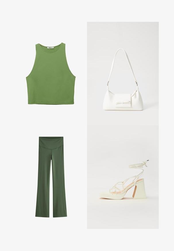 Zöld, rövidített, ujjatlan tanktop, sima textúrával, széles nyakkivágással és varrott szélekkel. Könnyű anyagból készült.; Fellengő leggings egyszínű olajzöld anyagból, sima derékkal és letisztult dizájnnal, kiemelkedő minták vagy díszítések nélkül.; Fehér, magassarkú szandál vastag sarokkal, pántos dizájnnal és bokapánttal. Sima textúra, elülső platformmal a megnövelt magasság érdekében.; Fehér szintetikus kézitáska, háromszög alakú, lapos előlap, masni részlettel, állítható pánttal, sima textúrával és minimalista dizájnnal.