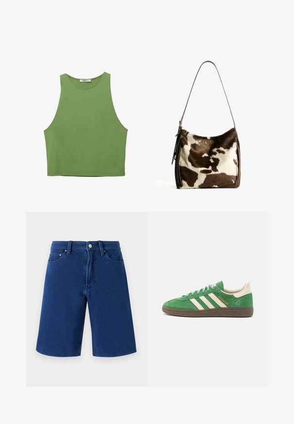 Zelený zkrácený top bez rukávů s hladkým povrchem, širokým výstřihem a šitými okraji. Vyrobeno z lehkého materiálu.; Modré džínové šortky se střihovým střihem, pětikusovým designem a viditelným pasem s kovovým knoflíkem a poutky na opasek.; Zelené semišové tenisky s bílým designem tří pruhů, krémovými detaily a hnědou texturovanou podrážkou. "SPEZIAL" vyšívané zlatou barvou na boku.; Hnědá a krémová kravská kůže ramenní taška s hladkým koženým popruhem, zipovým uzavřením a jemným, texturovaným povrchem s přírodním vzorem.