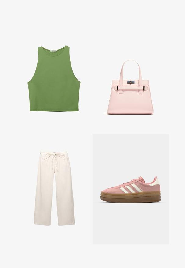 Zelený zkrácený top bez rukávů s hladkým povrchem, širokým výstřihem a šitými okraji. Vyrobeno z lehkého materiálu.; Kalhoty s širokými nohavicemi vyrobené z krémové látky. Mají elastický pas se stahovací šňůrkou a kovové detaily na kapsách. Hladká textura a uvolněný střih.; adidas Originals GAZELLE BOLD - Tenisky - mauve/off white; Růžová strukturovaná kabelka vyrobená z texturované kůže, s dvěma horními držadly, uzávěrem na klips a kontrastními kovovými detaily.
