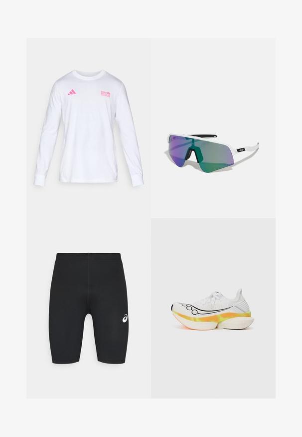 White long-sleeve crew neck shirt with pink Adidas logo and BMW Berlin Marathon text on the chest.; Black athletic shorts with a smooth texture, fitted design, and white logo on the left side. No visible pockets or hardware details.; White running shoe featuring a textured mesh upper, black swoosh design, and a colorful, layered sole with orange and yellow accents.; Sport sunglasses with a white frame and large gradient lenses featuring purple and green hues; sharp angular design with a central nose bridge.
