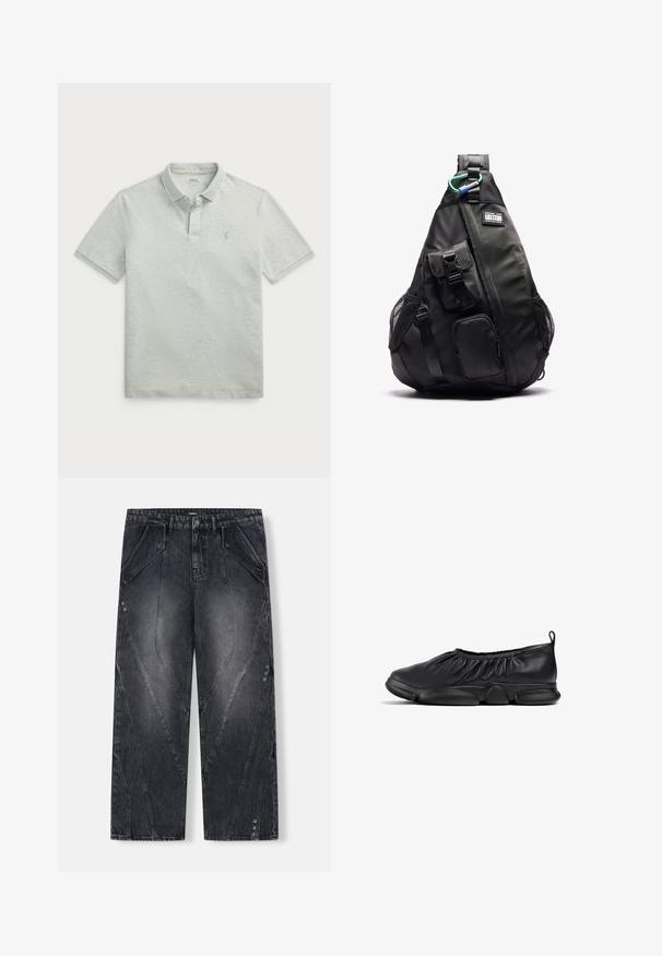 Herren-Polohemd in Hellgrau mit schmalen horizontalen Streifen. Ausgestattet mit einem klassischen Kragen und einem kleinen gestickten Logo auf der Brust.; Schwarze Denim-Hose mit weitem Bein, kantigen Nähten, übergroßen Taschen und Metallschaltknöpfen. Verfügt über einen verblassten Waschungseffekt und einen geraden Schnitt.; Schwarzer Slipper mit gerafftem elastischen oberen Teil, glattem Lederoberteil und rundem Gummisohle. Einfaches Design ohne sichtbare Beschläge oder Akzente.; YOURTURN UNISEX - Tagesrucksack - black