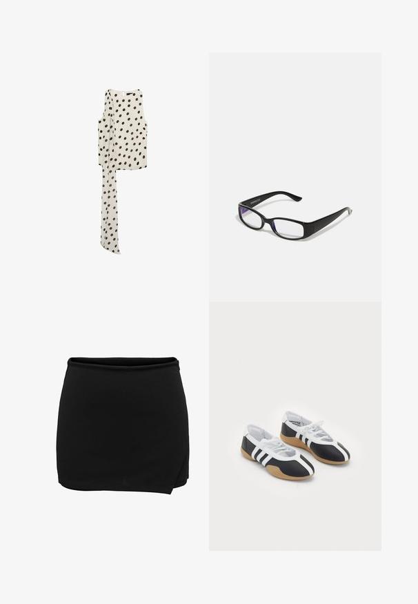 Mango ADELA mleczny; Czarna spódnica z elastycznym paskiem w talii, z fasonem kopertowym. Wykonana z gładkiego materiału, ma prostą, czystą sylwetkę. Brak dodatkowych szczegółów.; Czarno-białe buty sportowe o smukłym designie, gumowej podeszwie, sznurowanym zapięciu i trzema białymi paskami po bokach.; Czarne prostokątne okulary z przezroczystymi soczewkami. Błyszczące wykończenie, wąskie ramiona i fioletowy odcień widoczny na krawędziach soczewek.; Jedwabny szal z kolorowym wzorem kwiatowym i geometrycznym w odcieniach pomarańczowego, niebieskiego, brązowego i kremowego. Trójkątne końce o gładkiej fakturze.; Czarna torba z materiału o fakturowanym, pikowanym wzorze. Owalny kształt, krótkie, grube rączki oraz miękka, elastyczna struktura.