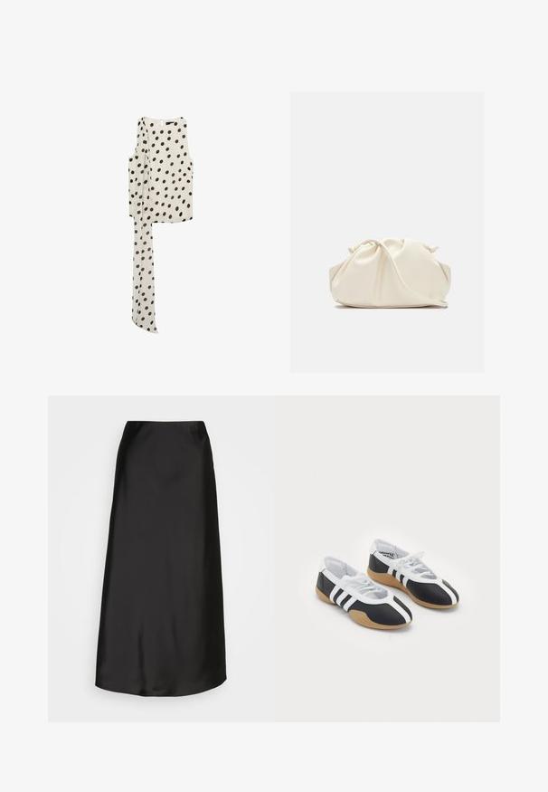 Mango ADELA - Top - off-white; Schwarzer Satin-Midi-Rock mit glatter Textur, A-Linien-Form und dezentem Glanz. Verfügt über ein elegantes, unkompliziertes Design ohne Verzierungen.; Schwarz-weiße Sportschuhe mit einem eleganten Design, Gummisohle, Schnürverschluss und drei weißen Streifen an den Seiten.; Cremfarbener, weicher Kunstlederbeutel mit gerafftem Design, verstellbarem Schultergurt und subtiler Kordelzug-Verschluss. Glatte Textur und runde Form.