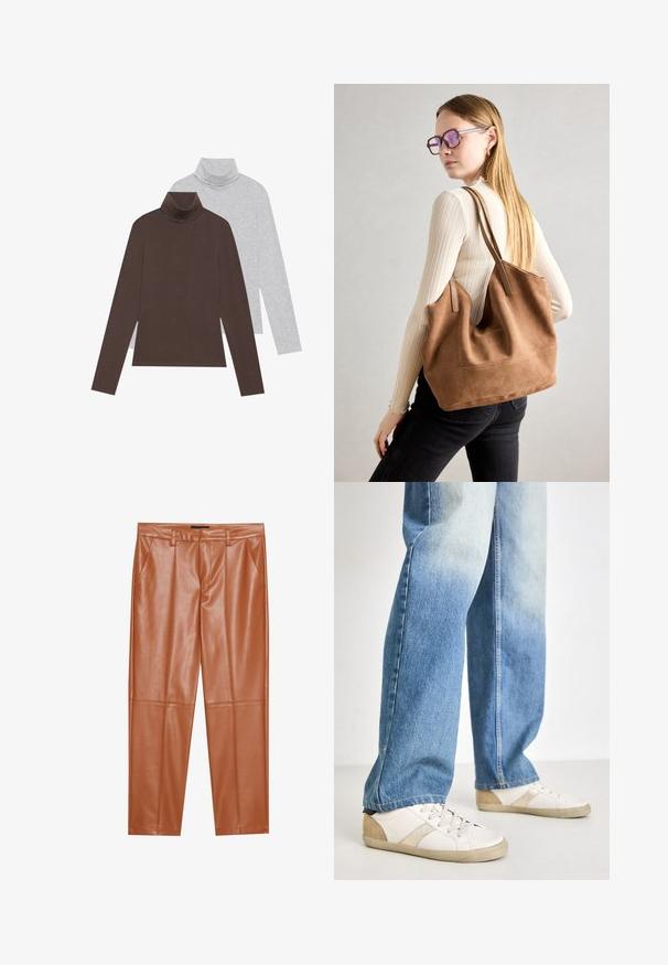 To lange ermelige gensere med høye hals: en i mørk brun og den andre i lys grå. Laget av glatt stoff med en tettsittende design og ribbekantet hals.; Brune imitasjonslærbukser med skreddersydd passform, med frontfeller og rette ben. Glatt tekstur uten synlig maskinvare eller detaljer.; Hvite sneakers med beige detaljer og teksturert design, sammen med lyse blå, lett slitte denimjeans med avslappet passform.; Brun semsketotebag med myk tekstur, stor åpning og lange stropper. Har et enkelt design med synlig søm og uten maskinvare.