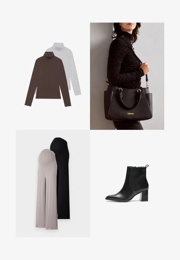 To lange ermelige gensere med høye hals: en i mørk brun og den andre i lys grå. Laget av glatt stoff med en tettsittende design og ribbekantet hals.; Par par med graviditetsbukser i mykt, elastisk stoff. En grå og en svart, med vide ben og elastisk midje for komfort.; Svarte skinn ankelstøvler med rund tå, middels høy blokkhæl og en trekkflik bak. Glatt tekstur, minimalistisk design.; Svart håndveske med teksturert overflate, doble topphåndtak og justerbar skulderrem. Har detaljer i gulltone og sidelommer.