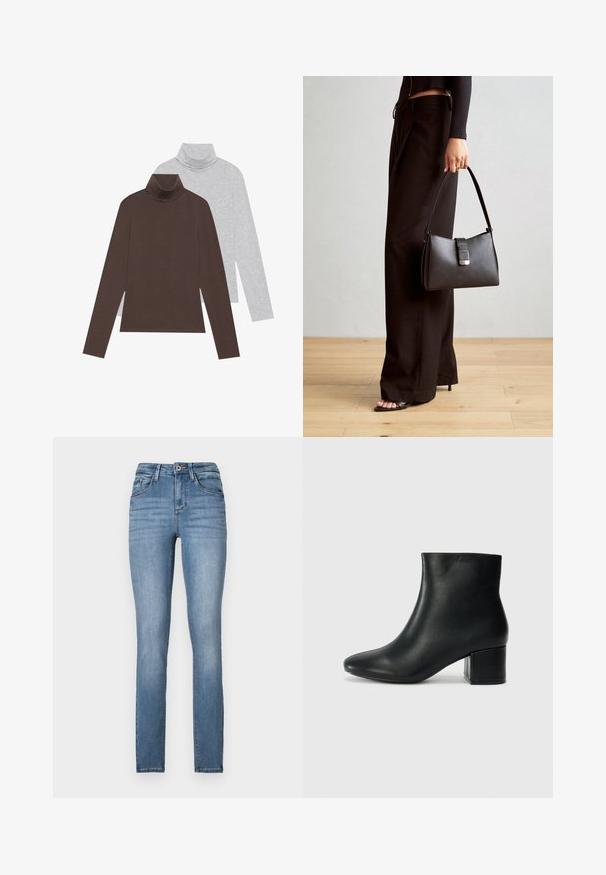 Duas blusas de gola alta de mangas compridas: uma em castanho escuro e a outra em cinza claro. Feitas de um tecido suave com um design ajustado e gola canelada.; Calças skinny de denim azul claro com cintura alta, cinco bolsos, leve desgaste e detalhes de costura contrastantes.; Botas de tornozelo em pele preta com bico pontiagudo e um salto robusto. Textura suave com acentos mínimos e um design ajustado e elegante.; Bolsa preta com forma estruturada, textura suave e um fecho metálico. Combinada com calças largas pretas e sandálias de salto aberto sobre um chão de madeira.