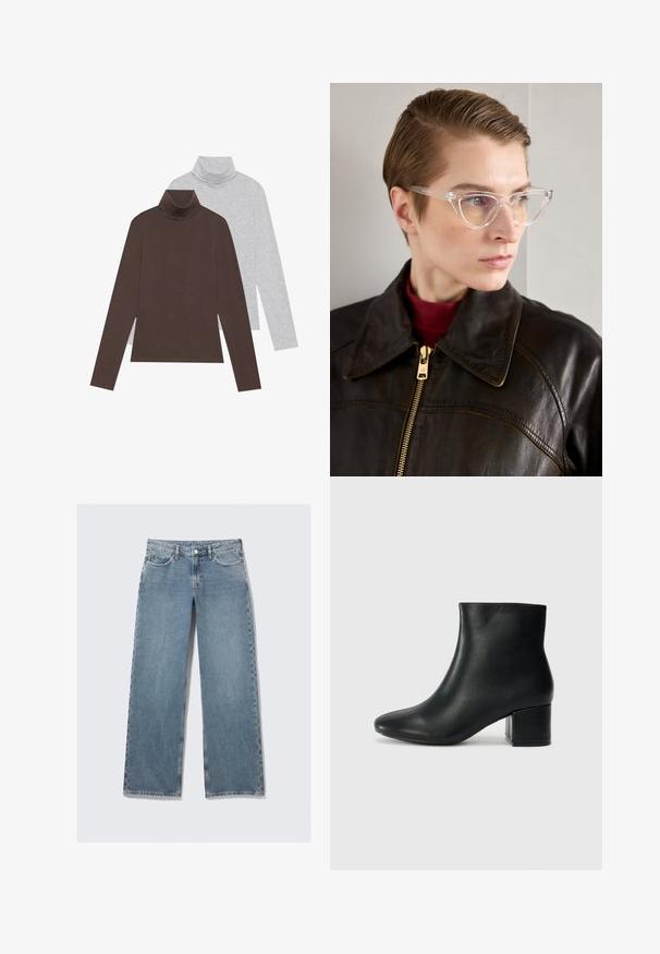 Δύο μακρυμάνικα μπλουζάκια τύπου τζόκερ: ένα σε σκούρο καφέ και το άλλο σε ανοιχτό γκρι. Κατασκευασμένα από λείο ύφασμα με εφαρμοστή γραμμή και ριμπ λαιμό.; Ανοιχτό μπλε ψηλόμεσα τζιν παντελόνια με ευθεία γραμμή, μπροστινές τσέπες, θηλιές ζώνης και κλείσιμο με κουμπί σε λευκό φόντο.; Μαύρες δερμάτινες μπότες αστράγαλου με μυτερή μύτη και χοντρό τακούνι. Λείο υλικό με ελάχιστες λεπτομέρειες και κομψό, εφαρμοστό σχέδιο.; Διαφανή οβάλ γυαλιά με κίτρινους φακούς, φορεμένα από ένα άτομο με μαύρο δερμάτινο μπουφάν και κόκκινο ζιβάγκο. Λείος υφής.