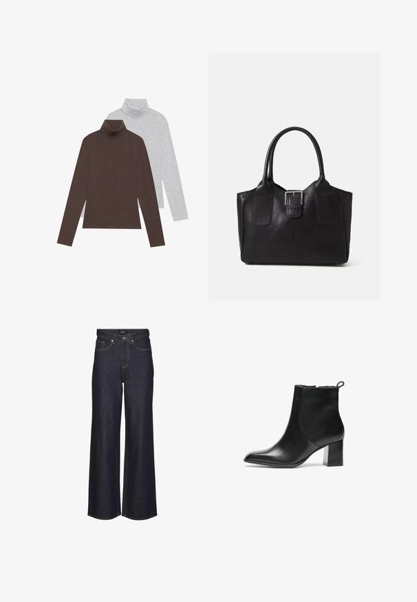 To lange ermelige gensere med høye hals: en i mørk brun og den andre i lys grå. Laget av glatt stoff med en tettsittende design og ribbekantet hals.; Høyt livde brede ben jeans i mørk denim. Har klassisk søm, fem lommer og en knappelukking foran.; Svarte skinn ankelstøvler med rund tå, middels høy blokkhæl og en trekkflik bak. Glatt tekstur, minimalistisk design.; Svart skinn toteveske med jevn tekstur, strukturert form, to håndtak og en fremtredende sølvspenne foran.