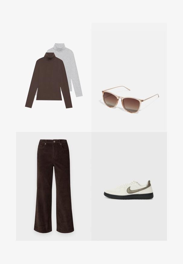 Dvoje triček s dlouhým rukávem a rolákem: jedny v tmavě hnědé barvě, druhé ve světlé šedé. Vyrobeno z hladké látky s vypasovaným střihem a žebrovaným výstřihem.; Vero Moda Petite VMTESSA PANTS - Kalhoty - chocolate torte; Nike Sportswear FIELD GENERAL - Tenisky - off-white/black; Hnědé sluneční brýle s gradientem, s průhledným růžovým rámem, čtvercovým tvarem a tenkými kovovými nohami. Charakterizovány zaoblenými hranami a minimálním zdobením.