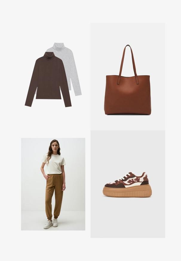 Deux tops à manches longues avec col roulé : l'un en marron foncé, l'autre en gris clair. Fabriqués en tissu lisse avec un design ajusté et un col côtelé.; T-shirt beige clair à manches courtes associé à un pantalon de jogging marron, fuselé, avec une taille élastique et des chevilles côtelées. Des baskets blanches complètent le look.; Baskets plateforme avec un motif camouflage marron et crème, semelles beiges contrastantes et lacets blancs. La tige présente des matériaux et textures variés.; Sac fourre-tout en cuir marron avec une texture lisse, design à ouverture supérieure et deux poignées pour le porter à l'épaule. Présente des coutures minimales et aucun matériel visible.