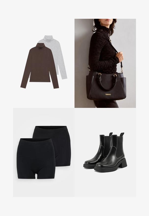 Two long-sleeve turtleneck tops: one in dark brown, the other in light gray. Made of smooth fabric with a fitted design and ribbed neck.; Two pairs of black cotton shorts with a smooth texture, featuring a simple, seamless waistband and a mid-thigh length design.; Black leather Chelsea boots with a chunky heel, elastic side panels, and contrasting white stitching. Textured finish.; Black handbag with textured surface, dual top handles, and adjustable shoulder strap. Features gold-tone hardware and side pockets.