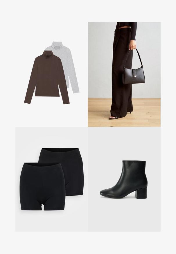 Két hosszú ujjú garbós felső: az egyik sötétbarna, a másik világosszürke. Simító szövetből készült, testhezálló fazonnal és bordázott nyakkal.; Két pár fekete pamut rövidnadrág, sima tapintással, egyszerű, varrat nélküli derékkal és középmagas hosszúságú fazonnal.; Fekete bőr bokacsizma hegyes orral és vastag sarokkal. Sima felület minimális díszítéssel és karcsú, passzos kialakítással.; Fekete kézi táska strukturált formával, sima textúrával és fémből készült záródással. Széles fekete nadrággal és nyitott orrú szandállal párosítva, fából készült padlón.