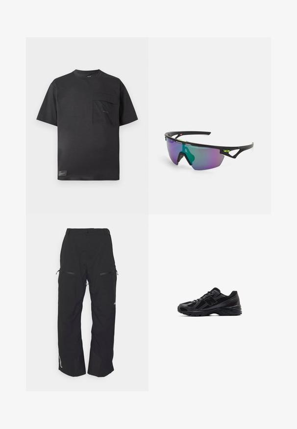 Svart kortermet T-skjorte med rund hals, med en frontlomme på venstre bryst og en liten etikett nær bunnsømmen.; Oakley TNP LINED SHELL PANT 2.0 - Snowboardbukse - blackout; Sorte treningssko med mesh-bomull og syntetiske overlegg, med en teksturert såle og refleksdetaljer for synlighet.; Sports solbriller med en svart ramme, store gradientlinser i lilla og grønne nyanser, samt vinklede designaksenter med logo-detalj.