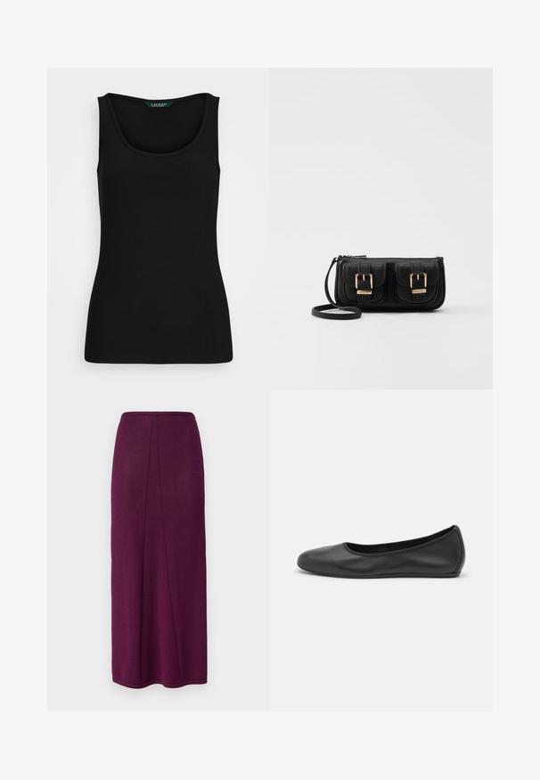 Mustavartaloinen ribbineuleinen toppi pyöreällä kaula-aukolla, istuva malli ja saumattomat reunat. kangas on pehmeä ja joustava. Tägissä lukee "LAUREN."; Pitkähihainen maksihame syvän purppuran värisenä, suoran siluetin omaavana, takaa halkiolla lisäliikkuvuuden takaamiseksi ja sileällä viimeistelyllä.; Musta nahkainen ballerina, jossa on pyöristetty kärki, sileä pinta, minimaalinen ommelkoristelu ja joustava pohjamuotoilu.; Musta nahkainen olkalaukku, jossa on kaksi etutaskua, kultaiset soljet, vetoketjukiinnitys ja kapea hihna. Teksturoidun pinnan ja kompaktin suorakaiteen muoto.