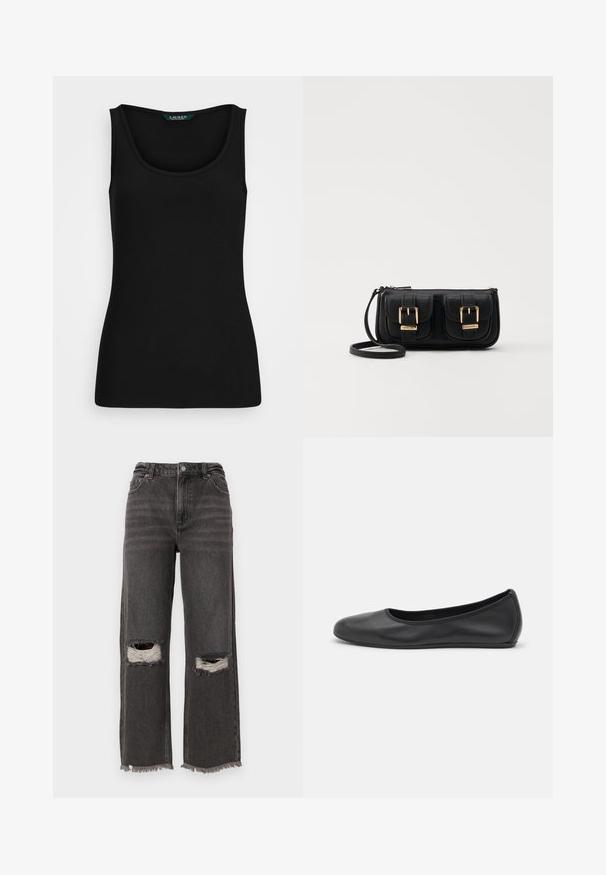 Canotta nera a costine con scollatura rotonda, forma aderente e bordi senza cuciture. Il tessuto è morbido ed elastico. L'etichetta riporta "LAUREN."; Jeans a vita alta e gamba larga in denim grigio scuro con orlo sfilacciato e strappi alle ginocchia consumati, caratterizzati da un leggero scolorimento e un classico design a cinque tasche.; Pantofole da balletto nere in pelle con punta arrotondata, texture liscia, dettagli di cucitura minimi e design con suola flessibile.; Borsa a tracolla nera in pelle con due tasche frontali, fibbie dorate, chiusura con zip e una tracolla sottile. Superficie texturizzata e forma rettangolare compatta.
