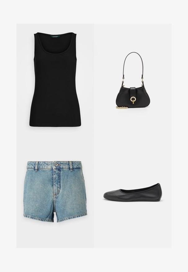 Černý žebrovaný top s kulatým výstřihem, přiléhavého tvaru a bezšvových okrajů. Materiál je měkký a pružný. Etiketa nese nápis "LAUREN."; Džínové šortky v světle modré barvě s vybledlou texturou, rovného střihu a ohrnutými okraji. Mají přední knoflík a klasický 5-kapsový design.; Černé kožené baletní byty s kulatou špičkou, hladkou texturou, minimálními švy a flexibilním designem podrážky.; sandro JANET - Kabelka - noir
