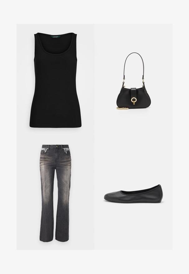 Čierny rebrovaný top bez rukávov s okrúhlym výstrihom, priliehavým strihom a bezšvovými okrajmi. Materiál je mäkký a elastický. Na štítku je napísané "LAUREN."; Čierne denimové džiny so strihom rovného nohu, s čipkovým detailom na vreckách a jemným vyblednutím. Kvalitné kovové gombíky a nitky sú súčasťou hardvéru.; Čierne kožené baleríny s okrúhlou špičkou, hladkým povrchom, minimálnym prešívaním a flexibilným dizajnom podrážky.; sandro JANET - Kabelka - noir