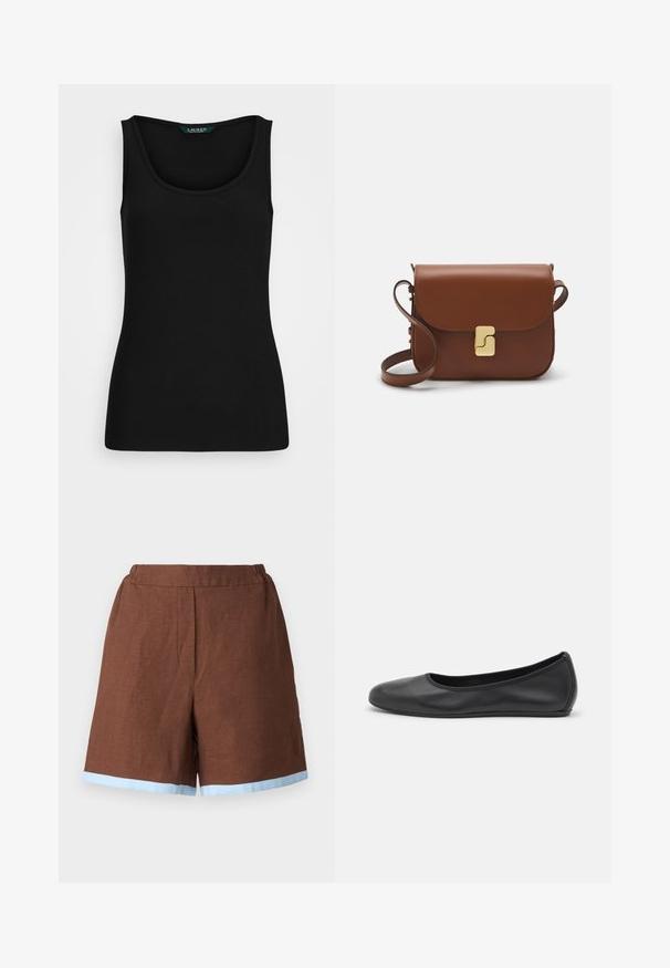 Mustavartaloinen ribbineuleinen toppi pyöreällä kaula-aukolla, istuva malli ja saumattomat reunat. kangas on pehmeä ja joustava. Tägissä lukee "LAUREN."; Vihreät pellavashortsit, joissa on joustava vyötärö, ja vaaleansininen helma. Suunnittelu on räätälöity sivutaskuilla ja suorahkolla leikkuulla.; Musta nahkainen ballerina, jossa on pyöristetty kärki, sileä pinta, minimaalinen ommelkoristelu ja joustava pohjamuotoilu.; Ruskea nahkainen käsilaukku, jossa on läppäkiinnitys, kultasävyiset yksityiskohdat, olkahihna ja sileä pinta. Kompaktin suorakaiteen muotoinen.