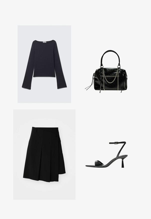 Mørkeblå bluse med lange ærmer, bred halsudskæring og vidde i ærmerne. Fremstillet af et glat materiale, har en tætsiddende pasform og et minimalistisk design.; Weekday PLEATED MIDI SKIRT - Tubenederdele - black; Bershka Højhælede sandaletter / Højhælede sandaler - black; Bershka WITH CHAIN - Håndtasker - black