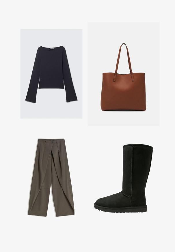 Top a maniche lunghe blu scuro con scollo ampio e maniche svasate. Realizzato in tessuto liscio, presenta un corpo aderente e un design minimale.; Pantaloni a gamba larga realizzati in un tessuto testurizzato grigio scuro. Presentano una piega frontale, chiusura con bottone e tasche laterali per praticità.; Stivale alto in suede nero con punta tonda, cuciture a vista e suola in gomma testurizzata. Design semplice, privo di elementi decorativi.; Borsa tote in pelle marrone con texture liscia, design con apertura superiore e due spallacci. Presenta cuciture minime e nessun hardware visibile.