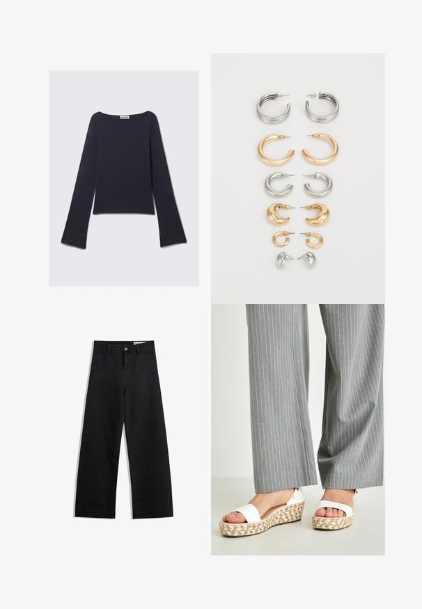 Mørkeblå bluse med lange ærmer, bred halsudskæring og vidde i ærmerne. Fremstillet af et glat materiale, har en tætsiddende pasform og et minimalistisk design.; Sorte wide-leg denim bukser med høj talje, der har front- og baglommer, syede sømme og en knaplukning. Glat tekstur.; Hvide kilehæle med en vævet espadrille-sål, der har en glat overdel og en subtil metallisk detalje ved hælen. Grå stribede bukser er synlige.; Sæt med otte metaløreringe i sølv- og guldfarver. Indeholder forskellige hoop-stile, teksturer og finishes, arrangeret efter størrelse.