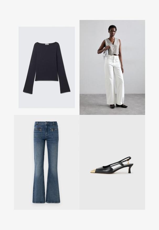 Sötétkék hosszú ujjú felső széles nyakkivágással és bővülő ujjakkal. Simább textilből készült, testhez simuló szabással és minimalista dizájnnal.; Fellábú, kék farmernadrág közepes derékkal, elülső és hátsó zsebekkel, finoman kopott mosással.; Fekete bőr slingback cipő hegyes orral és arany fémes orrbetéttel. Kivágott designnal és vékony sarokkal rendelkezik, állítható pánttal.; Szürke, gombos cropped mellény, fehér, széles szárú farmernadrággal és fekete lapossarkú cipővel párosítva. Kiegészítve egy kis ezüst francia táskával.