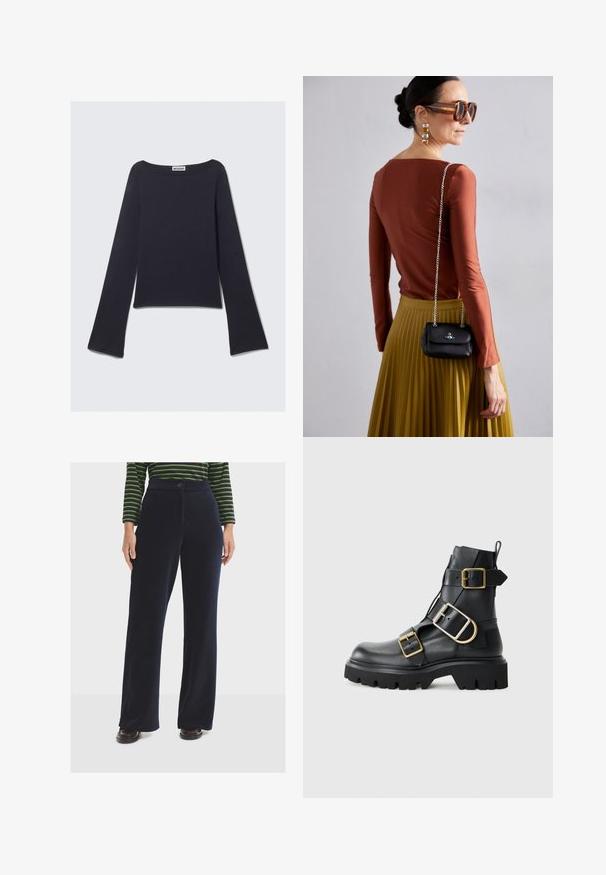 Tmavě modrý top s dlouhým rukávem, širokým výstřihem a rozšířenými rukávy. Vyroben z hladkého textilu, má přiléhavý střih a minimalistický design.; Námornické proužkované široké kalhoty s knoflíkovým zapínáním, s texturovanou tkaninou a vysokým pasem, doplněné tmavými botami.; Černé kožené kotníkové boty s robustní podešví, zdobené několika pásky a zlatými kovovými detaily. Hladký povrch, robustní design.; Vivienne Westwood SMALL PURSE CHAIN - Taška s příčným popruhem - black