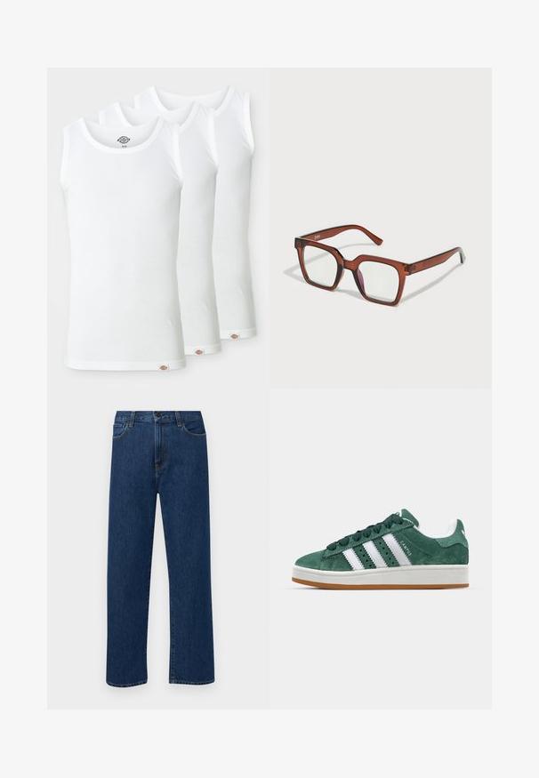 Három fehér, bordás pamut trikó. Mindegyiken kerek nyakú kivágás és egy kis logós címke található az alján. Klasszikus, egyszerű dizájn.; Sötétkék, egyenes szárú farmernadrág, elülső zsebekkel és gombos záródással, sima fehér háttéren bemutatva.; Zöld nubuk sportcipő fehér bőr csíkokkal, gumitalppal, párnázott nyakkal és minimalista dizájnnal. Oldalán márkázással.; Barna, túlméretes, téglalap alakú szemüveg, átlátszó lencsékkel, a jobb lencsén enyhe rózsaszín árnyalattal. Műanyag keret sima felülettel.