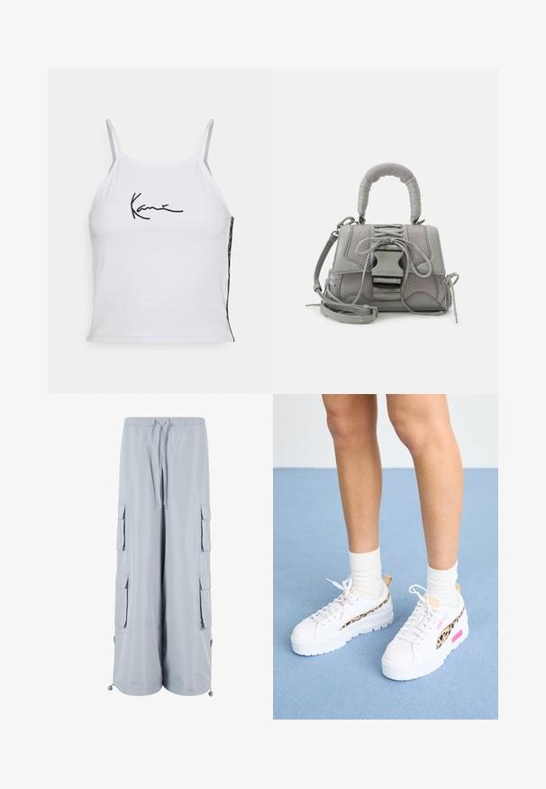 Biely bezrukávový crop top vyrobený z bavlny, s čiernym vyšívaným textom. Bočný panel ukazuje vzorovanú textíliu, pridávajúcu textúru.; Svetlo šedé cargo nohavice s elastickým pásom, sťahovacou šnúrkou, bočnými vreckami a nastaviteľnými lemami. Vyrobené z mäkkej, ľahkej tkaniny.; Puma MAYZE - Tenisky - white/granola; Sivá textúrovaná kabelka s polstrovanou rukoväťou, sieťovými akcentmi, nastaviteľným remienkom a predným uzávierom. Kompaktný dizajn s guľatým tvarom.