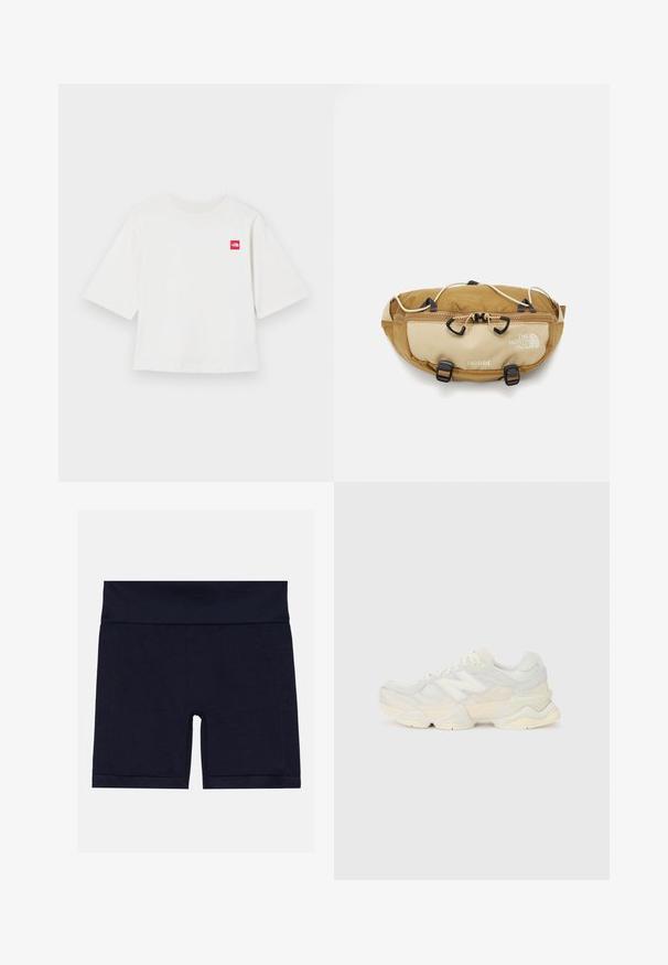 Fehér, rövid ujjú pamut póló. A bal mellen egy kis vörös négyzet alakú logó található. Egyenes szabású. Puha tapintású.; Tengerészkék pamutkeverék rövidnadrág széles elasztikus derékkal, kényelmes illeszkedéssel és lapos varrásokkal.; Könnyű sportcipő, amely hálós és velúr felsőrésszel rendelkezik, lágy krémszínű árnyalatokban, vastag talppal és háromdimenziós díszítésekkel.; The North Face TERRA LUMBAR 3L UNISEX - Övtáska - utility brown/khaki stone