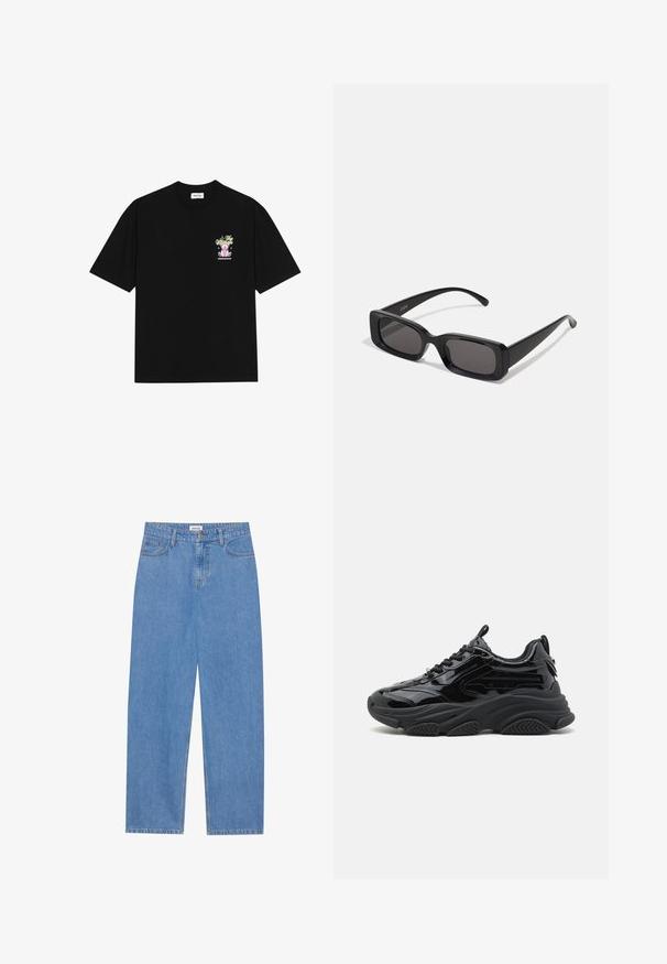 Mustat puuvillapaidat, joissa on värikäs graafinen kuva vasemmalla rinnalla, esittäen teddykarhua ja tyyliteltyä tekstiä, lyhyillä hihoilla ja pyöreällä kaula-aukolla.; Vaaleansiniset farkut suoranleikkauksella, viisi taskua, yksittäinen nappisulku ja huomaamattomat ompeluyksityiskohdat saumoissa.; Musta lenkkari kiiltävällä lakka pinnalla, jossa on paksu pohja ja teksturoitu muotoilu. kengännauhat ja vetotappi helpottavat pukemista.; Mustat suorakaiteen muotoiset aurinkolasit, joissa tummat linssit, kiiltävä pinta, leveät sangan varret ja massiivinen kehysmuotoilu. Yhden sangansivun kaiverrettu brändinimi.