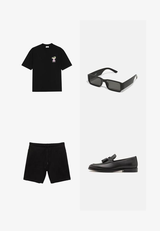 Crna pamučna majica s kratkim rukavima i okruglim izrezom, s šarenim grafičkim prikazom na lijevoj strani prsnog dijela, koji prikazuje teddy medvjedića i stilizirani tekst.; Crne dukserice od pamuka. Imaju elastičan pojas s vezicom, bočne džepove i opušteni kroj.; ALDO PILLOWWALK+FLEX SPECTER - Obuća za navlačenje - black; Crne sunčane naočale s pravokutnim lećama, okvirom od mat plastike i ravnim rubovima. Sadrži logo branda na unutarnjoj strani drške.