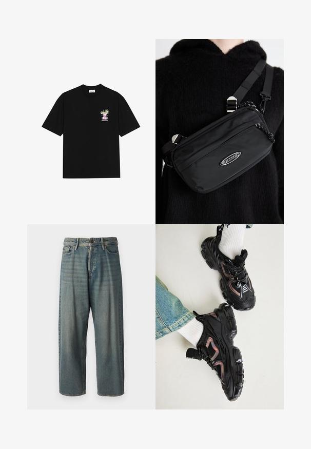 Svart bomull t-skjorte med et fargerikt grafisk design på venstre bryst, som viser en teddybjørn og stilisert tekst, med korte ermer og rund hals.; Lyseblå denimjeans med løs passform, midjehøyde og rette ben. Har fem lommer, beltehemper og knappelukking.; Steve Madden QUANTICO - Joggesko - black; Svart nylon crossover-veske med justerbar stropp, med en jevn tekstur, en frontlomme med glidelås, og en logo-detalj.