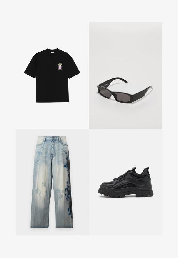T-shirt nera in cotone con una grafica colorata sul lato sinistro del petto, che raffigura un orsetto e un testo stilizzato, con maniche corte e collo rotondo.; Jeans in denim azzurro chiaro a gamba larga con un design strappato e motivi astratti neri e blu su un lato. Stile classico a cinque tasche.; Sneaker chunky neri realizzati con un mix di materiali in pelle e rete, suola spessa, design con lacci e un tassello sul retro.; Occhiali da sole rettangolari neri con lenti scure, montatura in plastica liscia e un logo sottile sul braccio sinistro. Design minimalista.