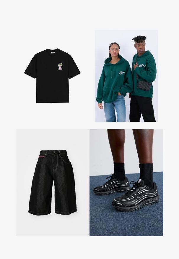 Crna pamučna majica s kratkim rukavima i okruglim izrezom, s šarenim grafičkim prikazom na lijevoj strani prsnog dijela, koji prikazuje teddy medvjedića i stilizirani tekst.; Crni traper šortsevi širokih nogavica, s pet džepova, kopčanjem na dugme i kontrastnim šavovima. Jedan džep ima crveni naglasak.; Crne Nike tenisice imaju gornji dio od mrežaste tkanine s naglasnim prugama, teksturiranim vezicama i crnom gumenom potplatom. Nosedne su s crnim rebrastim čarapama.; Zelene dukserice s kapuljačom i prednjim džepovima, slobodnog kroja. Jedan model nosi crne traperice, dok drugi nosi crnu torbu preko tijela.