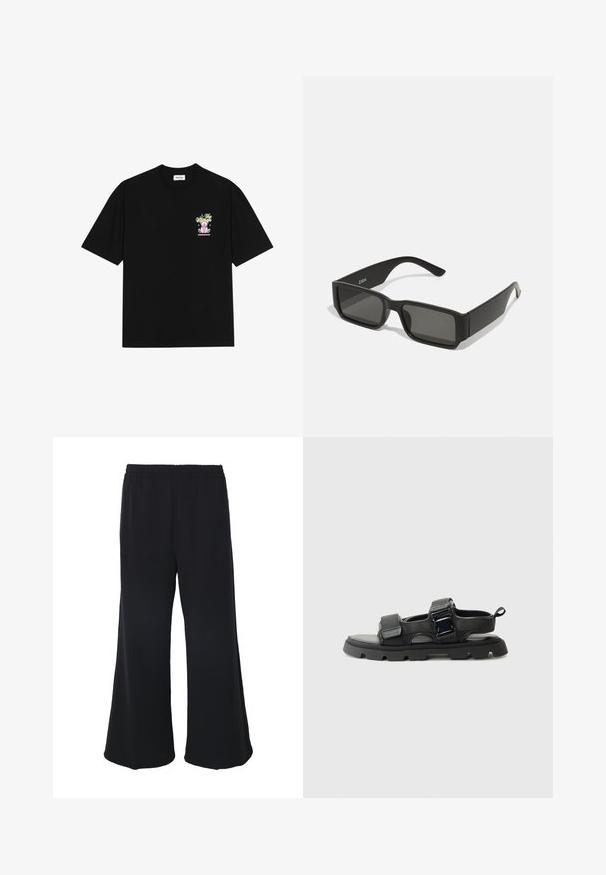 T-shirt en coton noir avec un graphique coloré sur la poitrine gauche, représentant un ours en peluche et un texte stylisé, avec des manches courtes et un col rond.; Weekday GABRIEL LOOSE TROUSERS - Pantalon classique - black; Sandales noires avec une tige en tissu texturé, des larges brides, des accents de boucle en métal, et une semelle en caoutchouc épaisse avec un motif de crampons.; Lunettes de soleil noires avec des verresrectangulaires, monture en plastique mat et bords droits. Présente le logo de la marque sur le bras intérieur.