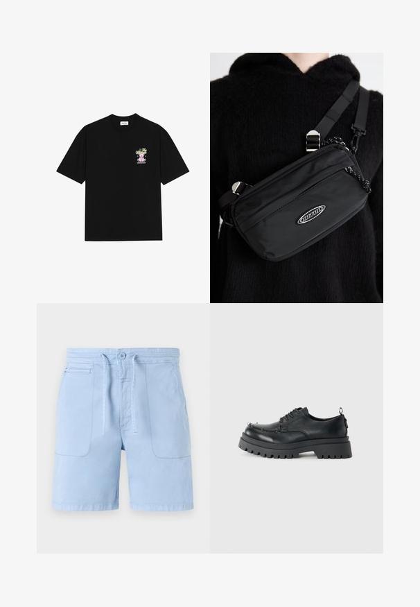 Zwarte katoenen t-shirt met een kleurrafiek op de linkerborst, die een teddybeer en gestileerde tekst toont, met korte mouwen en een ronde hals.; Lichtblauwe shorts van katoen, met een trekkoord in de taille, twee voorzakken en een gladde textuur. Eenvoudig ontwerp met minimale accenten.; Zwarte chunky leren veterschoen met dikke robuuste zool en metalen oogjes op de neus, gefotografeerd tegen een effen lichte achtergrond.; Zwarte nylon crossbody tas met een verstelbare schouderriem, met een gladde textuur, een voorzak met rits en een logo-accent.