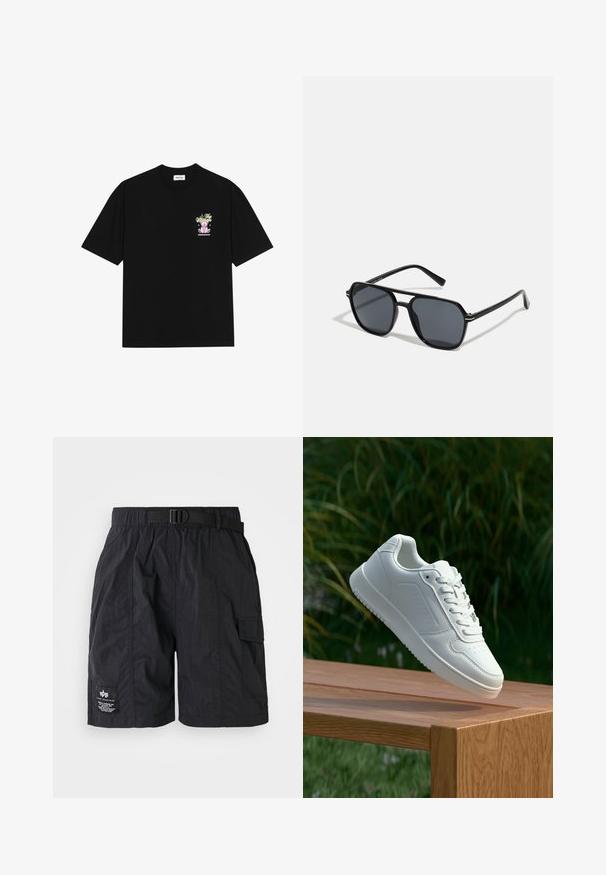 Svart bomullströja med en färgglad grafik på vänster bröst, som föreställer en nallebjörn och stiliserad text, med korta ärmar och rundad halsringning.; Svarta cargoshorts av lättviktsmaterial. Har elastisk midjeband med bälte, sidoficka och en logotypmärke på vänstra benet.; Vita sneakers med en slät syntetisk ovandel, perforerat tåparti, platta snören och en strukturerad sula, placerade på en träyta.; Svarta solglasögon med oktagonal ram, mörka linser, glansig yta, smala stänger och gyllene detaljer på framsidan.