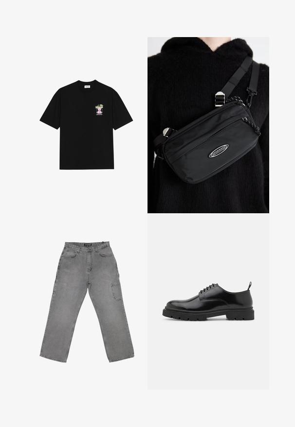 Crna pamučna majica s kratkim rukavima i okruglim izrezom, s šarenim grafičkim prikazom na lijevoj strani prsnog dijela, koji prikazuje teddy medvjedića i stilizirani tekst.; Sive traperice s opuštenim krojem, koje imaju prednje kopčanje na dugme, više džepova i blago izblijedjeli izgled.; Crne kožne cipele na vezivanje s zaobljenim prstima, glatkom površinom i rebrastim gumenim potplatom. Imaju mali potpeticu i petnu traku za lakše obuvanje.; Crna najlon crossbody torba s podesivom trakom, koja se odlikuje glatkom teksturom, prednjim džepom na patentni zatvarač i logotipom kao akcentom.