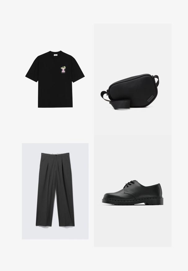 Juodo medvilnės marškinėliai su spalvinga grafika kairėje krūtinės pusėje, vaizduojančia meškutį ir stilizuotą tekstą, trumpomis rankovėmis ir apvaliu kaklu.; Pilki plačiakojai kelnių su klostėmis. Pagaminti iš lygaus audinio, turi priekinius užsegimus su mygtuku ir diržo kilpas. Lygios priekinės dalies dizainas.; Juodos odinės oksfordo bateliai su raištelių užsegimu, apvaliu pirštu, plokščiu guminiu padu ir subtiliu siuvimo akcentu viršuje.; Juodas, užtraukiamas per petį maišas, pagamintas iš lygaus medžiagos, su plokščia forma, vienu dirželiu ir nedideliu logotipo akcentu. Minimalistinis dizainas.
