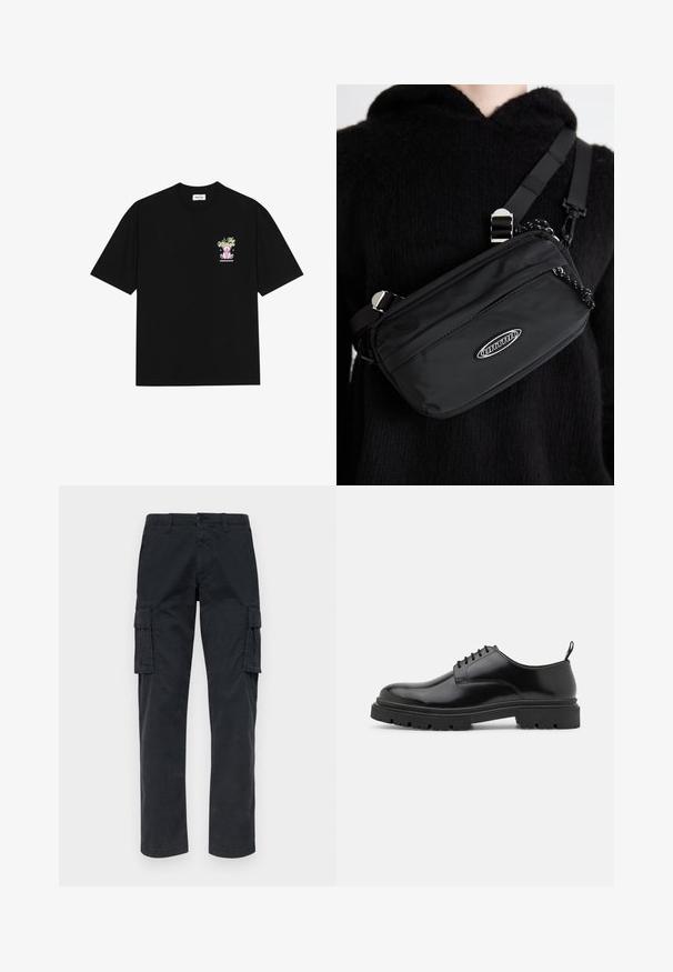 Must t-särk mustast puuvillast, millel on värviline graafika vasakul rinnal, kujutades karu ja stiliseeritud teksti, lühikeste varrukatega ja ümmarguse kaelusega.; Mustad mustad püksid, mis on valmistatud vastupidavast kangast, kahel külgpocketil, otse jalgadega ja nööbkinnisega vöökoht.; Mustad nahast kingad, millel on ümar nina, sile tekstuur ja sooniline kummist tald. Omavad väikest kontsi ja tõmblinti taga.; Musthave musta nailonkott rihmaga, millel on reguleeritav rihm, siledapinnaline tekstuur, eespool tõmblukuga tasku ja logo aktsent.