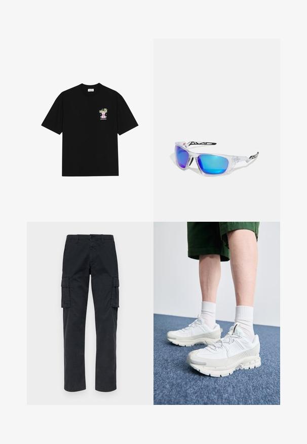 Zwarte katoenen t-shirt met een kleurrafiek op de linkerborst, die een teddybeer en gestileerde tekst toont, met korte mouwen en een ronde hals.; Zwarte cargobroek van stevig materiaal, voorzien van twee zijzakken, rechte pijpen en een knoopsluiting bij de taille.; Witte sportieve schoenen met textuuroverlays, een dikke zool en grijze accenten. Draag ze met witte crew-sokken en groene shorts op een blauwe ondergrond.; Sportzonnebrillen met doorzichtige monturen, blauw en paars gespiegeld glas, hoekig ontwerp en zwarte accenten op de pootjes.