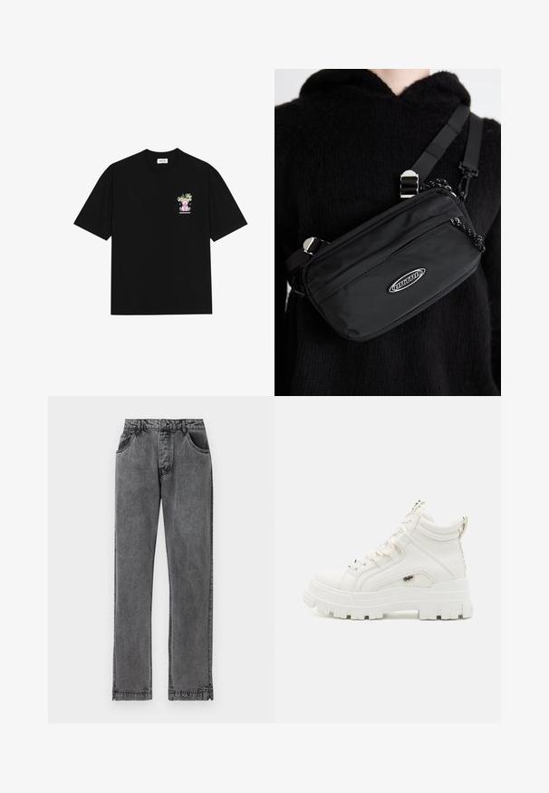Melna kokvilnas T-krekls ar krāsainu grafiku pa kreisi uz krūtīm, attēlojošu lāci un stilizētu tekstu, ar īsām piedurknēm un apaļu kakla izgriezumu.; Melna džinsu auduma bikses ar taisnu kāju dizainu, kas aprīkotas ar pieciem kabatām, pogu aizdari un smalkiem šuvju detalizējumiem.; Balti potīgie ikdienas apavi līdz potītēm ar teksturētu virsmu, biezu gumijas zoli un mīkstinātu apkakli. Iekļauj auklu ievilkšanas dizainu un logotipa akcentu.; Melnas neilona pārnēsājamā soma ar regulējamām siksnas, ar gludu tekstūru, priekšējo rāvējslēdzēja kabatu un logotipa akcentu.